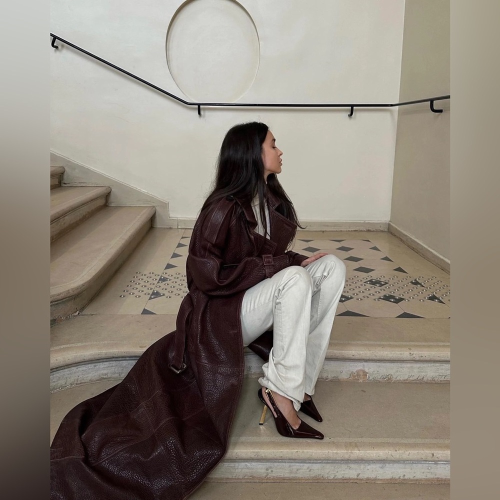 En Cuir Pebbled Leather Trench in Brown / Burgundy 100% Leather VERY OVERSIZED - Picture 5 of 14